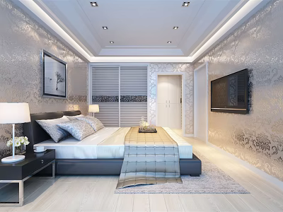Hotel Guest Room Interior Design With Bed Nightstand Table Lamp TV And Decorative Wallpaper 3d model
