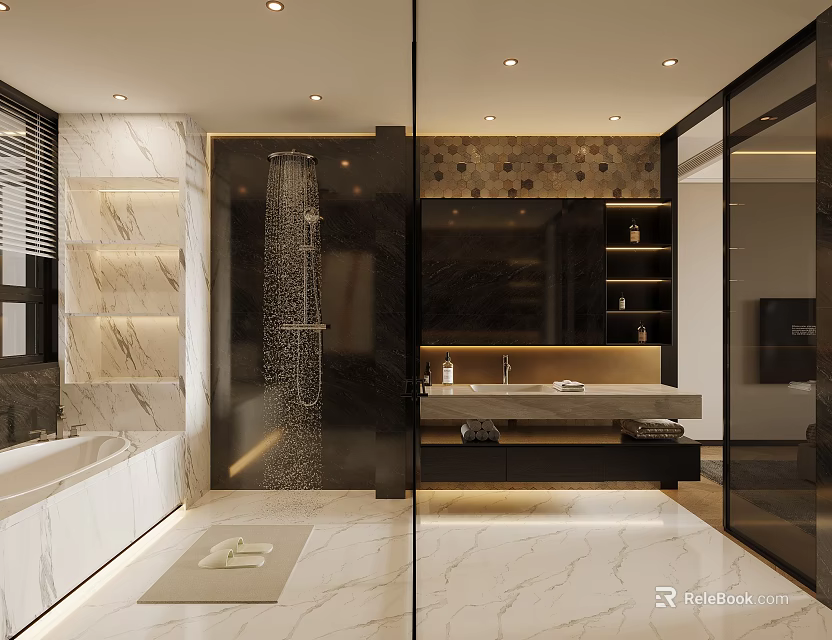 Modern Bathroom Interior With Marble Tiles Bathtub Shower Area And Vanity Mirror 3d model 