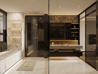 Modern Bathroom Interior With Marble Tiles Bathtub Shower Area And Vanity Mirror 3d model