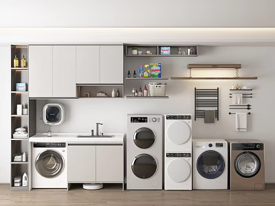 Bathroom Cabinet Rack With Washing Machines Dryers Storage Cabinets Shelves Mirror And Towel Rack 3d model