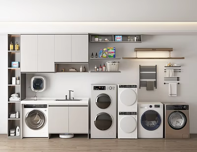 Bathroom Cabinet Rack With Washing Machines Dryers Storage Cabinets Shelves Mirror And Towel Rack 3d model