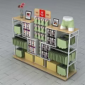 Multi Tiered Display Shelf With Green Boxes Photo Frames Vase And Shorts Model 3d model
