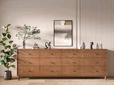 Modern Wooden Console Table With Drawers Decorative Items Green Plant And Wall Art 3d model