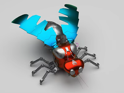 Smart Mechanical Insect Design Featuring Blue Wings Red Body And Silver Components 3d model