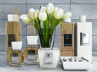 Elegant Modern Bathroom Accessories With Fragrance Diffusers Candles Vase And Decorative Stones 3d model