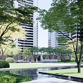 Modern High Rise Residential Landscape With Green Lawn Trees And Water Feature
