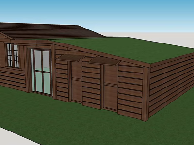 Wooden House Exterior With Green Roof And Wooden Siding On Lush Green Lawn 3d model