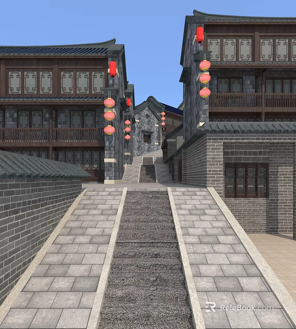 Traditional Chinese Commercial Street With Ancient Architecture And Red Lanterns 3d model 