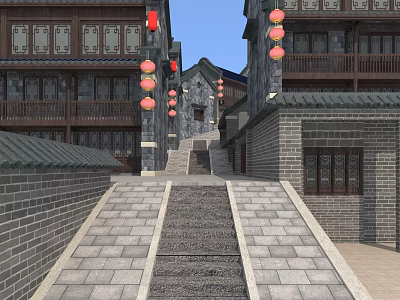 Traditional Chinese Commercial Street With Ancient Architecture And Red Lanterns 3d model