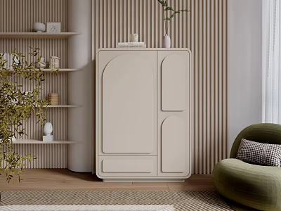 Modern Beige Console Cabinet With Side Shelf And Green Chair Wooden Floor Plants 3d model
