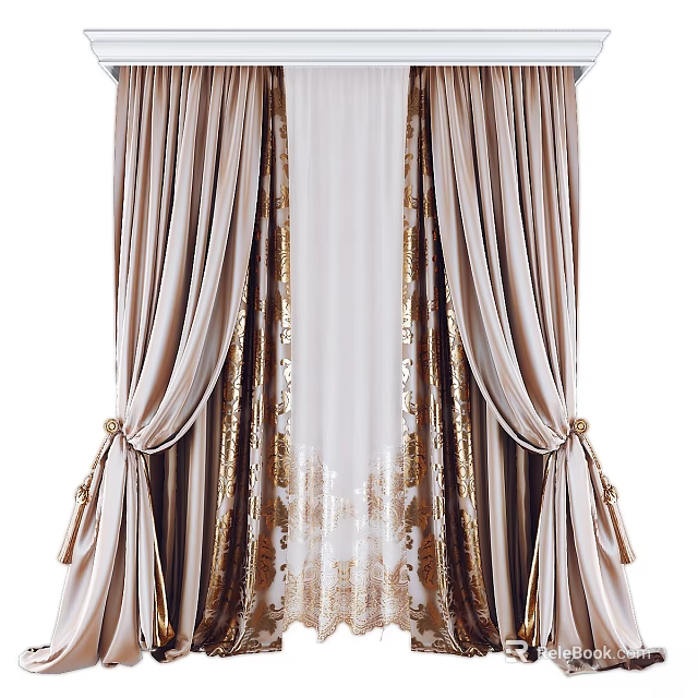 Elegant Beige Layered Curtains With White Inner Panel Gold Patterns And Tassel Ties 3d model 