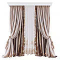 Elegant Beige Layered Curtains With White Inner Panel Gold Patterns And Tassel Ties
