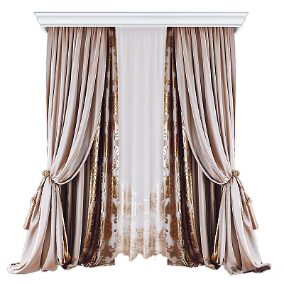 Elegant Beige Layered Curtains With White Inner Panel Gold Patterns And Tassel Ties 3d model