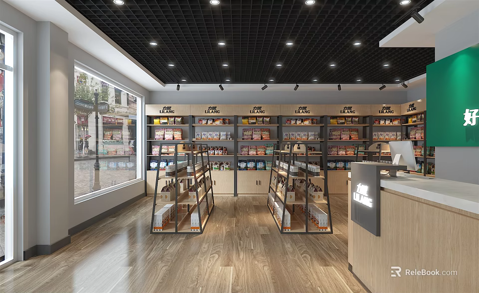 Modern Specialty Store Interior Featuring Shelves Products Cashier Counter Wooden Flooring And Black Ceiling 3d model 
