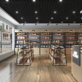 Modern Specialty Store Interior Featuring Shelves Products Cashier Counter Wooden Flooring And Black Ceiling
