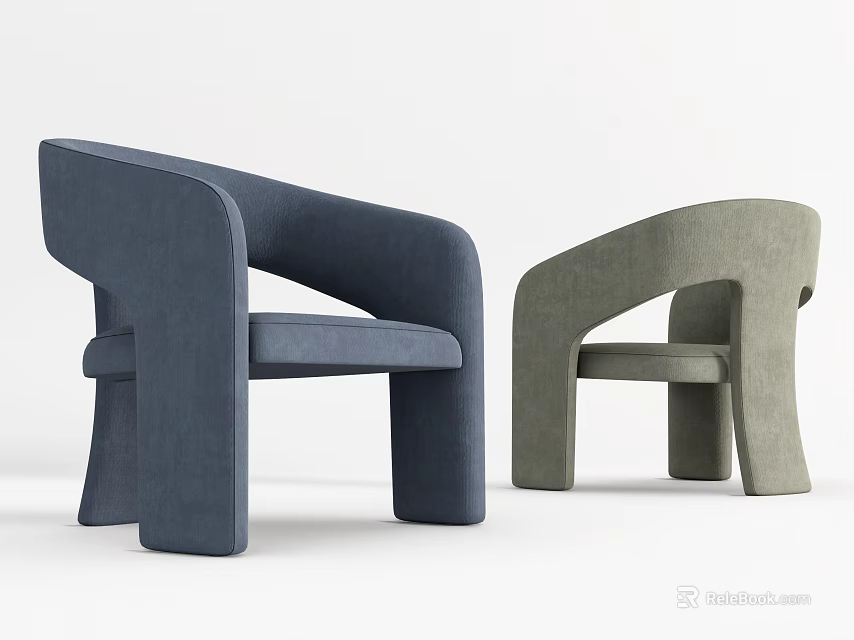 Two Modern Minimalist Accent Chairs in Navy Blue and Sage Green Upholstered Fabric 3d model 