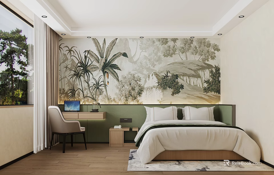 Elegant Hotel Guest Room With Large Botanical Landscape Wallpaper Green Headboard And Wooden Flooring 3d model 