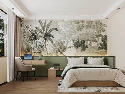 Elegant Hotel Guest Room With Large Botanical Landscape Wallpaper Green Headboard And Wooden Flooring 3d model