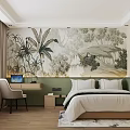 Elegant Hotel Guest Room With Large Botanical Landscape Wallpaper Green Headboard And Wooden Flooring