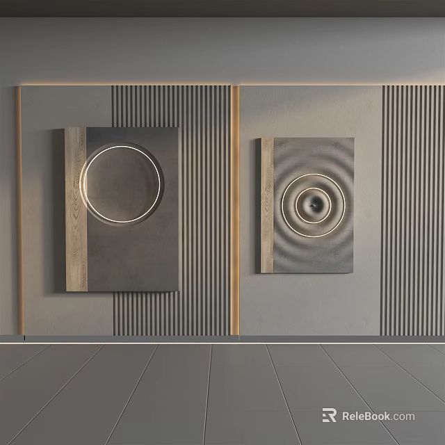 Modern Minimalist Wall Decor with Square Framed Paintings Circular Metal Accents and Vertical Striped Background 3d model 