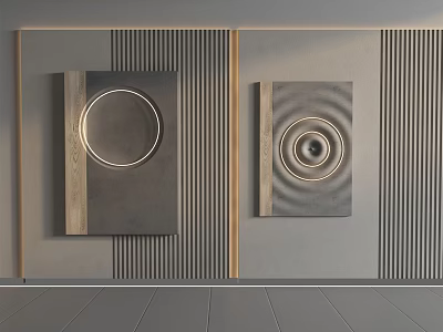 Modern Minimalist Wall Decor with Square Framed Paintings Circular Metal Accents and Vertical Striped Background 3d model