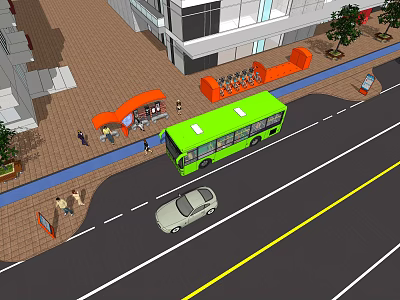 Orange Bus Station With Green Bus Bicycle Parking And Pedestrians Near Buildings 3d model