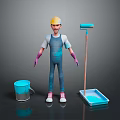 Man Wearing Yellow Hard Hat Blue Overalls Purple Gloves with Paint Roller Bucket and Tray