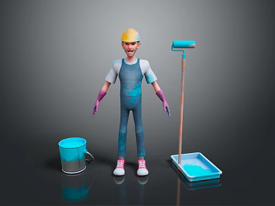 Man Wearing Yellow Hard Hat Blue Overalls Purple Gloves with Paint Roller Bucket and Tray 3d model