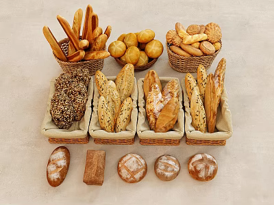 Assorted Fresh Bread Varieties Baguettes Rolls Sesame Loaves In Wicker Baskets On Light Background 3d model