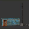 Rustic Blue Metal Shed Scene With Orange Door Rusted Ladder And Metal Frame