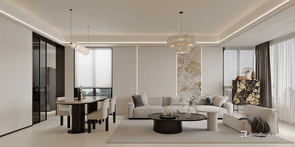 Modern Living Dining Room Interior Design With Sofa Coffee Table Dining Set And Pendant Lights 3d model 