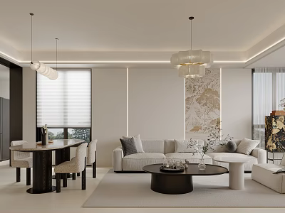 Modern Living Dining Room Interior Design With Sofa Coffee Table Dining Set And Pendant Lights 3d model