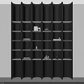 Modern Black Shelving Unit With Multiple Compartments And Decorative Items In Minimalist Room