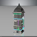 Modern High Rise Building Structure With Building System Sign Pyramid Roof And Colored Lighting