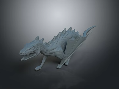 Detailed Gray Spiked Winged Dragon Model 3D Sculpture with Open Mouth 3d model