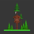 3D Red Treehouse Design With Pine Trees Ladder And Green Grass