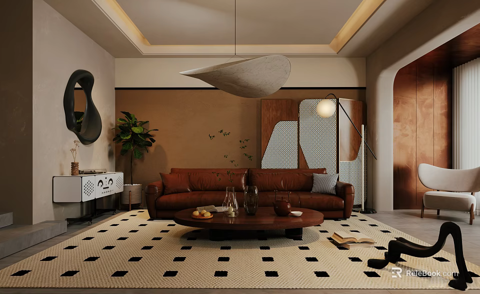 Elegant Modern Living Dining Room Interior With Leather Sofa And Marble Dining Table 3d model 