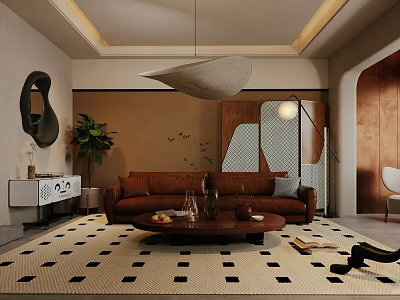 Elegant Modern Living Dining Room Interior With Leather Sofa And Marble Dining Table 3d model