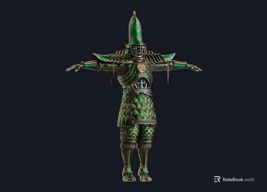 Mythical Character In Green Scaled Armor With Spiked Helmet And Outstretched Arms 3d model 