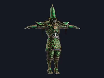 Mythical Character In Green Scaled Armor With Spiked Helmet And Outstretched Arms 3d model