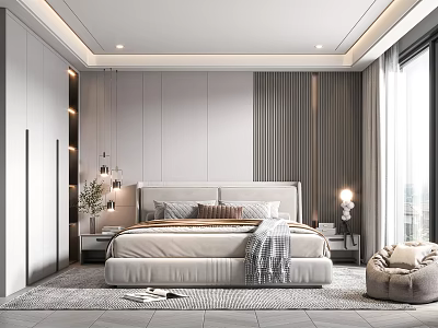Modern Bedroom Interior With Large Bed Light Bedding Nightstands Table Lamps Rug And Accent Chair 3d model