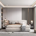 Modern Bedroom Interior With Large Bed Light Bedding Nightstands Table Lamps Rug And Accent Chair