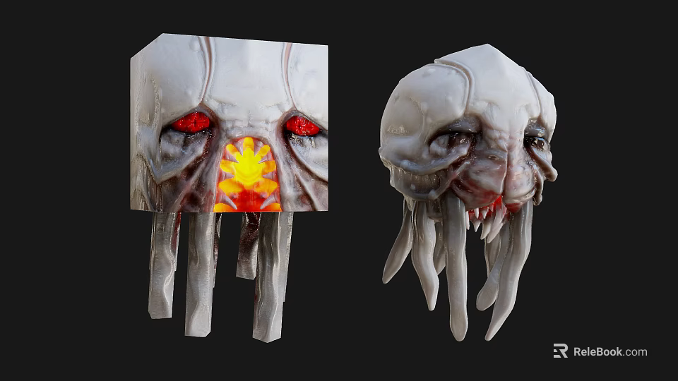 Detailed Fantasy Creature Character Head Designs With Red Eyes Glowing Features And Tentacles 3d model 