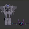 Giant Silver Mech Robot Standing Next To Purple Blue Toy Plane Model