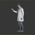 Man in white doctor coat with stethoscope pointing with right index finger against gray background
