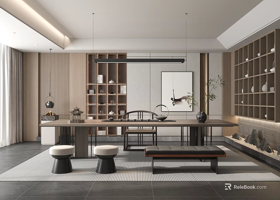Modern Tea Room Interior Design With Long Table Chairs Stools Wooden Bookshelves And Wall Painting 3d model