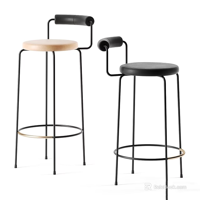 Modern Bar Stools With Metal Frame And Wooden Leather Round Seats 3d model 