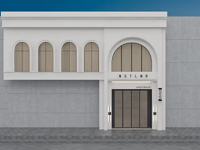 Modern Elegant MISTLINE Beauty Salon Exterior With White Building Arched Windows And Glass Door 3d model