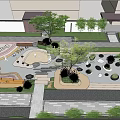 Urban Park Landscape with Lush Trees Benches Paved Areas Circular Seats and People Enjoying