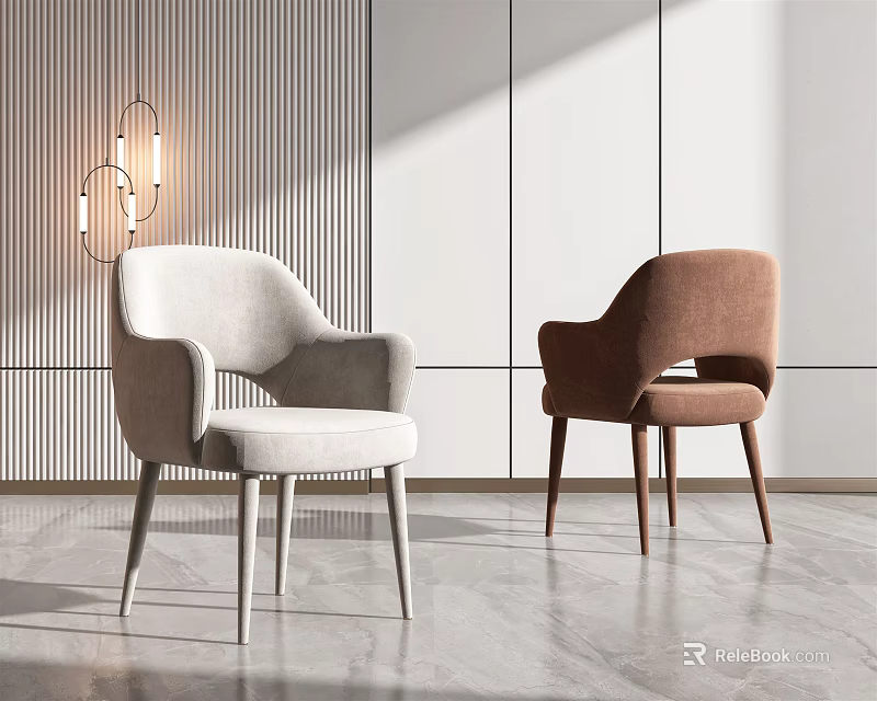 Light Gray and Brown Upholstered Leisure Chairs with Modern Vertical Stripe Wall and Pendant Light 3d model 